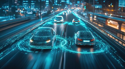Autonomous cars driving on a city highway at night with glowing blue digital lines around them.
