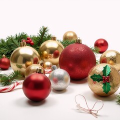 A Christmas-themed 3D scene featuring festive decorations on a white backdrop