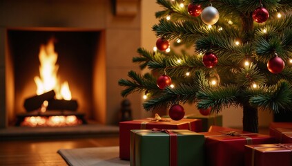 Cozy Christmas interior with a magical glowing tree fireplace aglow and piles of gifts waiting under the twinkling lights