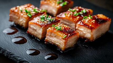 Deliciously glazed pork belly pieces garnished with green onions and sesame on a dark plate, showcasing a rich and savory dish.