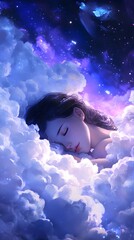 A girl sleeping in the clouds, surrounded by stars, creating an atmosphere of tranquility and dreams