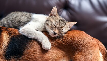 Adorable kitten sleeping on top of a golden retriever dog