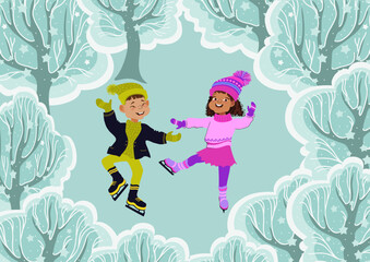 Cute little skaters against on the winter forest. Happy children skating in the snowy park. Winter outdoor activity. Boy and girl in bright winter clothes. Cartoon kids. Vector flat illustration.