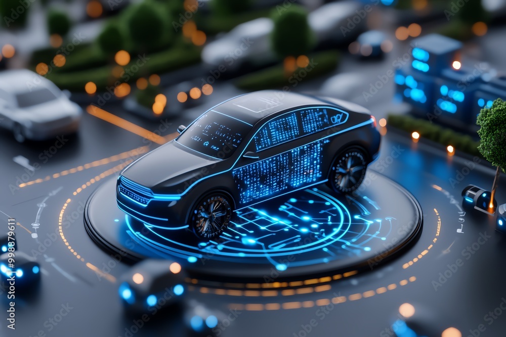 Poster Futuristic control system in a self-driving city, where autonomous vehicles and smart infrastructure are monitored by real-time AI algorithms
