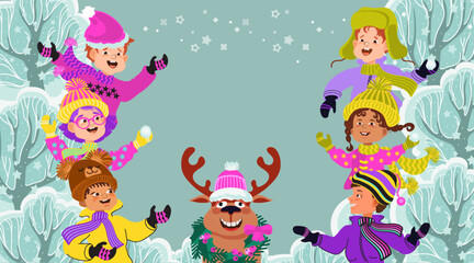 Winter joy everyone. Cute kids and deer are playing in the winter park. Children dressed in warm costumes. Cartoon smiling multiethnic boys and girls. Winter wonderland. Vector flat illustration.