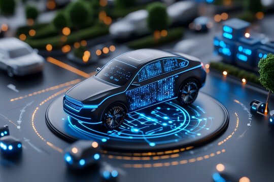 Futuristic control system in a self-driving city, where autonomous vehicles and smart infrastructure are monitored by real-time AI algorithms