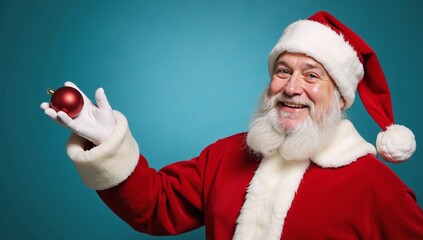 Santa holds a glowing Christmas ball against a defocused blue backdrop Christmas theme