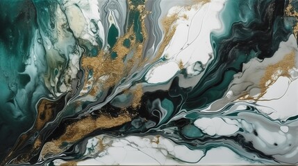 An Elegant and Striking Abstract Fluid Art Piece Featuring Beautiful Teal, White, and Gold Colors
