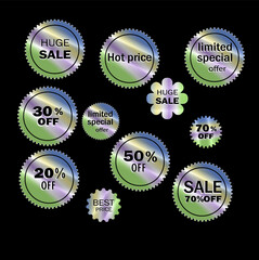 label holographic, set sticker tag hologram sale   70% off, 30% off, 20% off, 50 % off, huge .