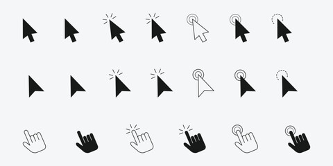 Computer mouse click cursor gray arrow icons set and loading icons. Cursor icon. Vector illustration. Mouse click cursor collection. Click icon vector set. Cursor pointer clicking symbol collection.