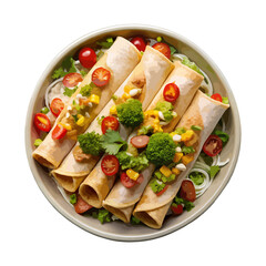 Top view of Mexican food Flautas isolated on a white transparent background 
