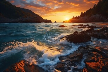 Obraz premium Captivating sunset over rocky seashores with waves crashing at the shoreline in a serene coastal landscape