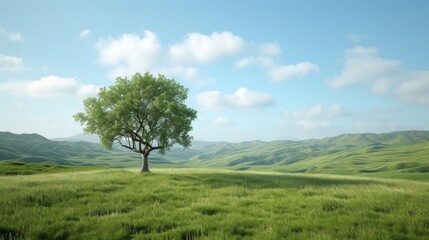 Obraz premium Serene Landscape: Single Tree on a Rolling Green Hill