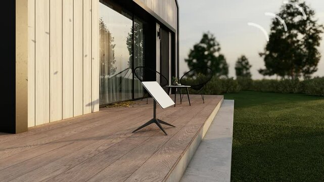 Starlink dish terrestrial receiver receiving starlink satellite signal,  3D artist rendering.  