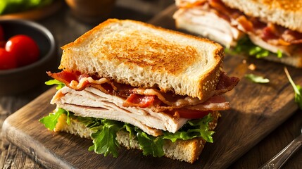 A classic turkey club sandwich with bacon, lettuce, and tomato