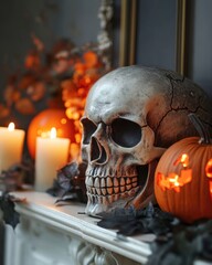 Skull with candles and pumpkins on mantelpiece in room closeup