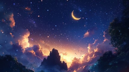 Naklejka premium A Mountain Silhouette Against a Starry Night Sky with a Crescent Moon