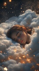 A girl sleeping in the clouds, surrounded by stars, creating an atmosphere of tranquility and dreams