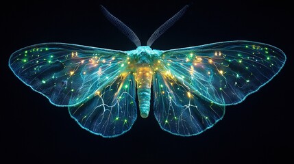   A close-up of a butterfly with lit-up wings, radiating light in the darkness