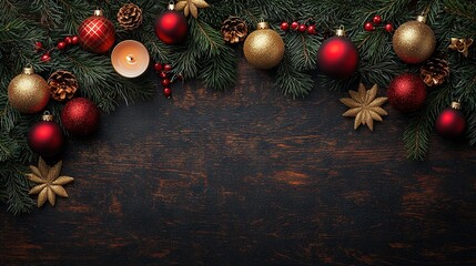   Wooden Christmas Table with Lit Candle and Pine Branch