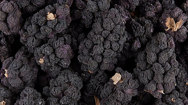  A mound of desiccated blackberries atop a pile of other blackberries atop a table