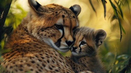 Close-up of an adult cheetah nuzzling a cheetah cub