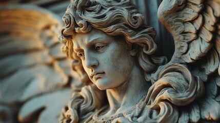 Close-up of a Stone Angel Sculpture with Detailed Facial Features
