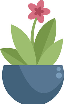 Minimalist vector illustration of a pink flower growing in a blue round pot on a white background