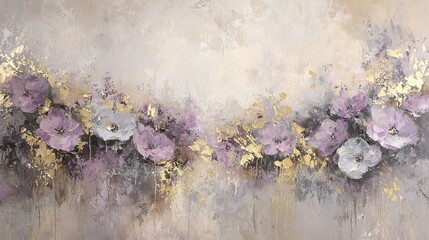   A painting featuring purple and white flowers against a gray and yellow backdrop, accented with gold elements at the base