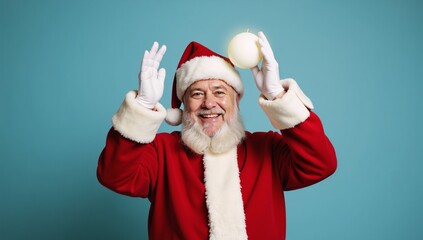 Glowing Christmas Ball held by Happy Santa against a blurry Blue Backdrop Christmas Theme