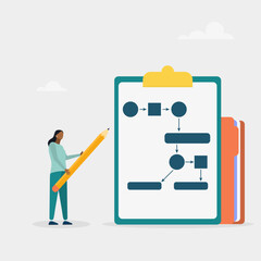 Business plan, step by step. The character is holding a pencil. Modern vector illustration in flat style.	