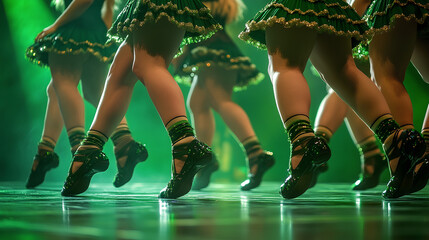 Irish dancers' legs performing on vibrant green stage. Captures spirit of ethnic dance.
