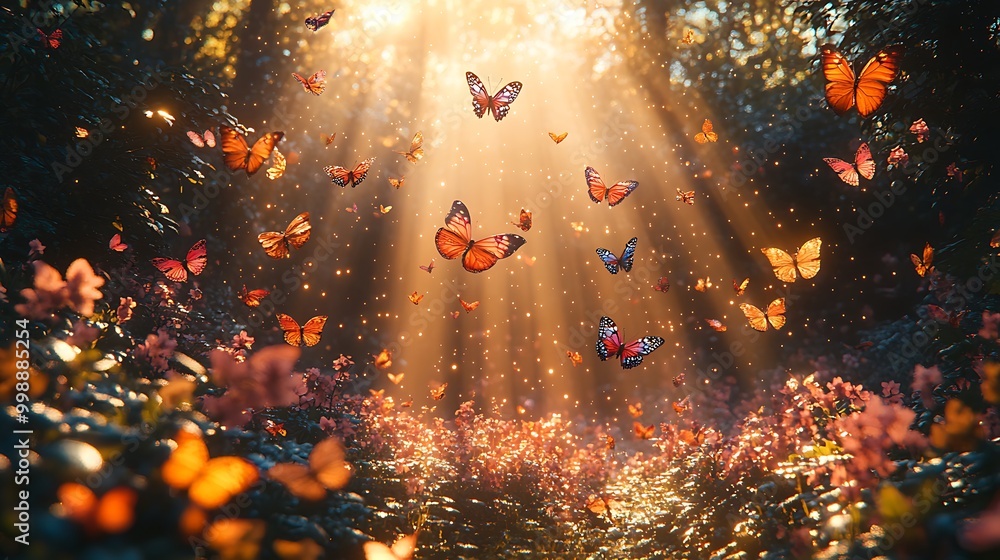Poster sunlight streams through a forest canopy, illuminating a swarm of colorful butterflies fluttering am