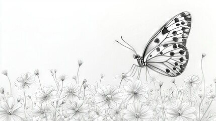   A black-and-white illustration of a butterfly amidst daisy fields, with daisies prominently featured in the foreground