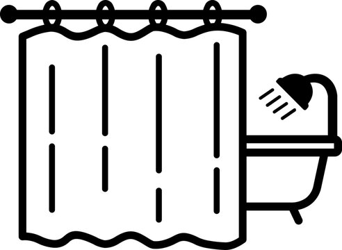 recommend clip art: Black and white icon of a shower curtain and shower.