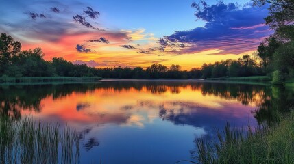 Fototapeta premium A Tranquil Lake Reflecting a Vibrant Sunset Sky