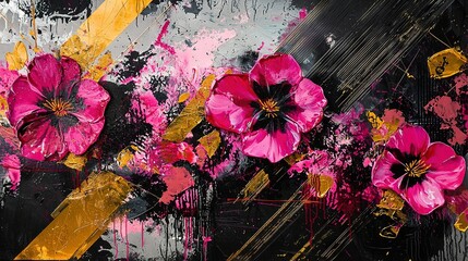   Black, yellow, and white background, with yellow strip and pink flowers
