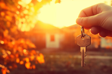 Close-up view of a persons hand holding a key with a keychain, against the backdrop of a blurry house