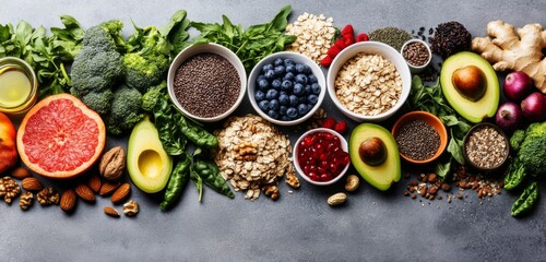 Fresh arrangement of various vegetables, fruits, and grains on a grey stone table, featuring bowls of grain , surrounded by healthy foods  