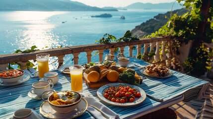 Obraz premium a Turkish breakfast with a stunning ocean view overlooking the Mediterranean Sea.
