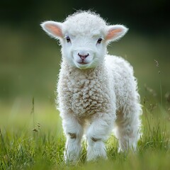 Obraz premium Close-up of a sheep in a green field with a blurred backdrop