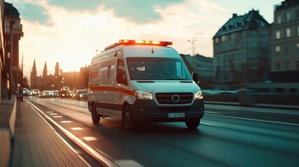 A white ambulance with flashing sirens speeding through a blurred background, capturing the urgency and motion of an emergency response.