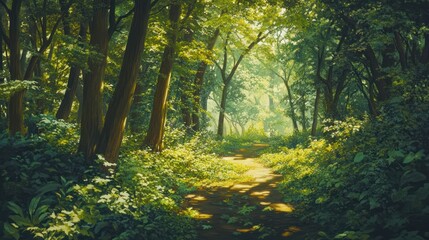 Sunlit Path Through Dense Green Forest