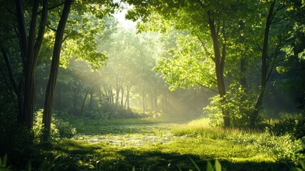 Obraz premium Sunbeams Illuminating a Path Through a Lush Forest