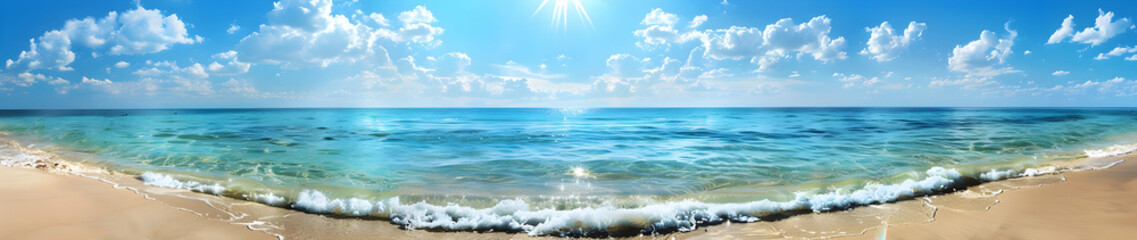 A panoramic view of the beach with crystal-clear turquoise waters and golden sand, under a bright blue sky with fluffy white clouds. The sun shines brightly on the water's surface