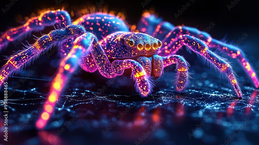 Poster   A detailed image of a vibrant spider on a dark background, reflecting its image onto itself