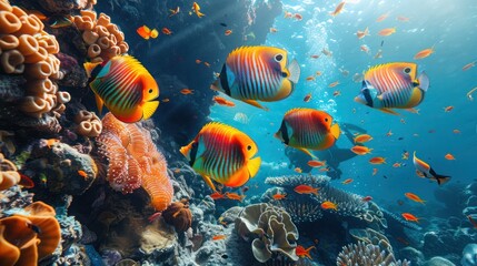 Naklejka premium Tropical fish biodiversity in coral reef. Different tropical fish on a coral reef in the Red Sea, blue sea background.