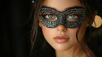   A close-up image of a woman in a black and white masquerade adorned with shimmering glitter eye embellishments
