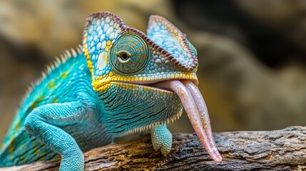 Fototapeta premium High Pied veiled chameleon on wood, High Pied veiled chameleon closeup with natural background, animal closeup, High Pied veiled chameleon catches prey with its tongue