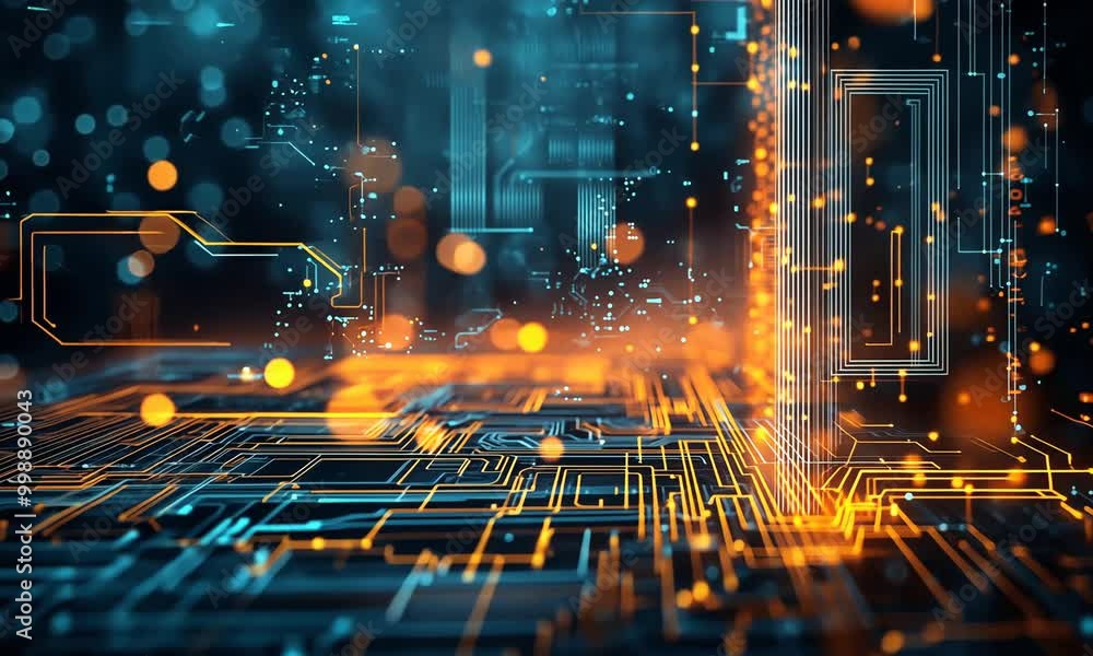 Poster exploring a digital landscape filled with glowing circuits and vibrant data streams at the heart of 